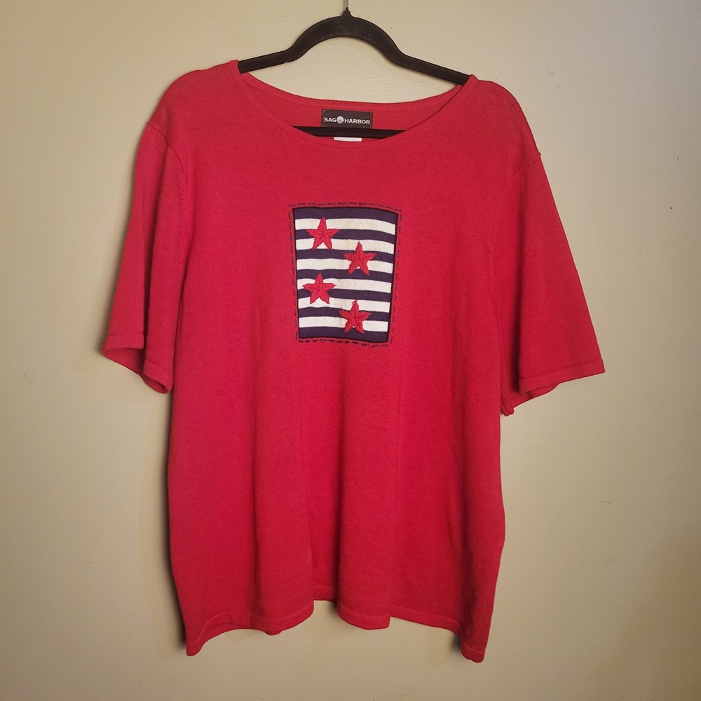 Sag Harbor Woman Red Americana Star Stripe Knit Top Short Sleeve 1X T44441